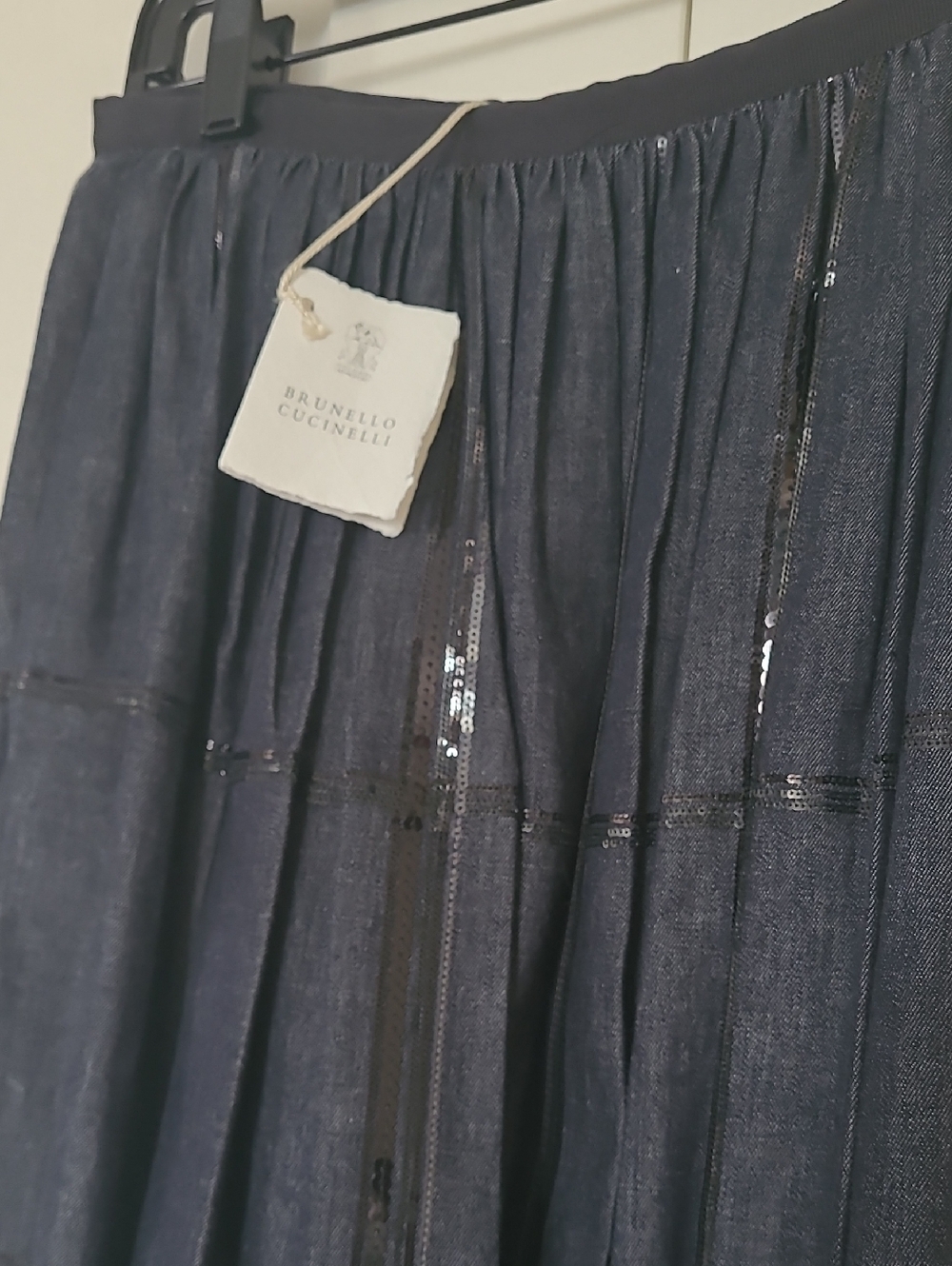 Brunello Cucinelli Dark Navy Pleated Skirt with Sequin Stripes